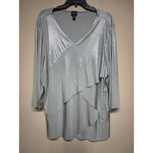 Travelers by Chico's Metallic Silver V-Neck Layered Stretch Blouse Top Size 4 XL